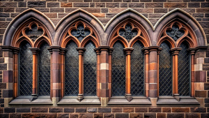 wall hight gothic hight four window glass ,wood wall design - perfect realistic art,wood - high-definition - brown and black wood wall- old stone grey background 