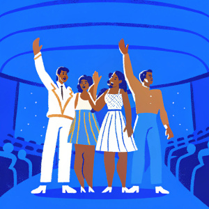 The cast of Hairspray at the London Coliseum, standing in front of a curved purple-lit stage with audience seating in the background. Promotional poster.
