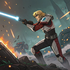 Digital artwork featuring a character from Voltron Legendary Defenders. Character has blonde hair and is in an intense battle scene.