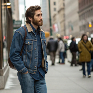 Jake Gyllenhaal, rugged look, in a casual denim jacket and jeans. A candid shot from a crowded city street.