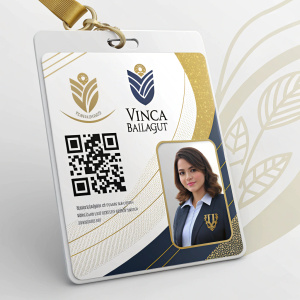 Vinca Balagut's digital student ID. Sleek interface with modern graphics. Features include QR code, District emblem, personal details such as gender and department. Clean design with gold accents.