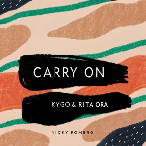 Album cover for Nicky Romero's remix of 'Carry On' by Kygo & Rita Ora. Dark blue background with vibrant neon green and purple elements. Modern, sleek font.