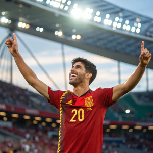 Marco Asensio, spanish soccer player, flashing a big smile in a sunny stadium. He's wearing his team's jersey, number 20, and striking a victory pose