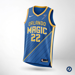Concept art for a new Orlando Magic jersey design. Bold blue and yellow color scheme. Clean, modern lines with team logo and number. Illustration style on a white background.