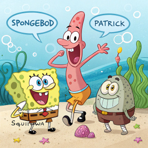 SpongeBob SquarePants, Patrick Star, and Squidward Tentacles in Bikini Bottom. Bright, colorful cartoon scene with speech bubbles detailing their dialogue.