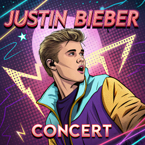 Promotional poster for Justin Bieber's concert. Graphic design with neon lights, comic book style art, and bold text overlay.