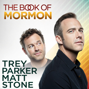 Promotional event poster for 'The Book of Mormon' musical. Featuring creators Trey Parker and Matt Stone. Clean and modern design with bold text and vibrant colors.