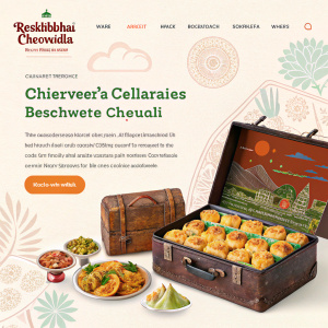 Raskikbai Chevdawala's website homepage. A vibrant banner featuring Gujarati delicacies. An overflowing chest of treasures. Inviting travelers to explore India's culinary and cultural wonders. Website designed to allure adventure seekers with tales of India's beauty and secrets.
