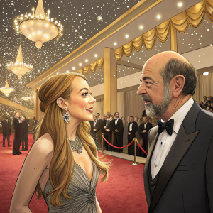 Lindsay Lohan and Richard Schiff chat casually at a high-profile awards ceremony. The venue is adorned with gold accents and sparkling chandeliers.
