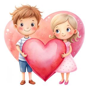 valentine,pink,liberty hold heart,white background,couple kids,no cloth