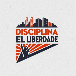 A minimalist logo for Disciplina El Liberdade featuring bold, vibrant colors of orange, black, and gray. The design is simple yet striking, combining text and abstract shapes.