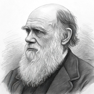 Sketch of Charles Darwin. Pencil drawing. Focus on beard and facial lines. Textured and detailed shading.