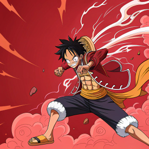 Monkey D. Luffy in a fierce battle stance, surrounded by explosive action effects and a vivid red background, typical of the One Piece anime.