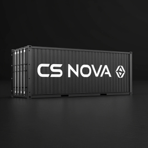 Sleek, modern logo for CS NOVA. White text 'CS NOVA' paired with simple symbol. Black background. Minimalist design.