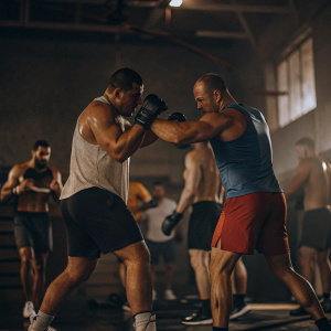 UFC fighters Cain Velasquez and Junior Dos Santos. Training session in Las Vegas gym. Both are in workout gear.