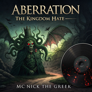 Album 'Aberration: The Kingdom Hate' by MC Nick the Greek. Cover art: Traditional style, dark and demonic theme. Features a monstrous creature with green, otherworldly elements. Dark shades with green and red accents. CD on rough, textured surface against dark background.