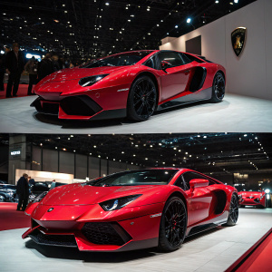 Various angles of a sleek red Lamborghini Aventador at an automotive expo.