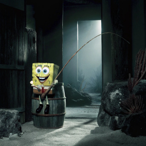 SpongeBob SquarePants, with a big grin, holding a long fishing rod. Next to a rustic, weathered old barrel, in Bikini Bottom.
