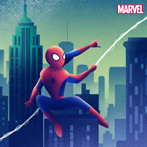 Illustration of Spider-Man, swinging through New York City, dynamic pose, detailed background, Marvel logo in corner, sketch-style lines, vibrant colors.
