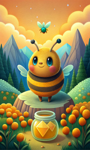 sweet bee with fat cheeks with round face  and two antenna collecting diamonds in a jar in a wonderful landscape