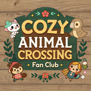 Digital artwork for a cozy animal crossing fan club logo. Rustic wood texture, playful font.