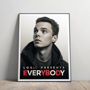 Album cover for Logic's 'Everybody'. The photo features Logic's face against a minimalist background. Bold text below reads 'LOGIC PRESENTS EVERYBODY'