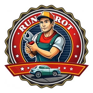 Logo of a man repairing a car, shop name Rungrot, mechanic