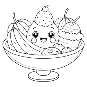 coloring page, white background, black line art, minimal details, cartoon banana split