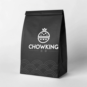 Chowking's food packaging, a sleek black bag with a white logo. Modern and minimalist design.