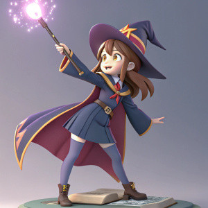 3D digital art, detailed rendering of Kagari Atsuko from Little Witch Academia. Magical pose, holding a glowing wand, colorful academic robes