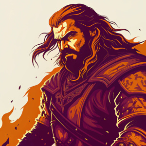 Digital art of Zamza, King of Fire. Fierce, dramatic, long flowing hair, rugged bearded face. Medieval fantasy attire, tattered with red and gray accents. White background.