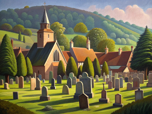 churchyard at Cookham village,1930s,style of Stanley Spencer,acrylic painting,wide angle