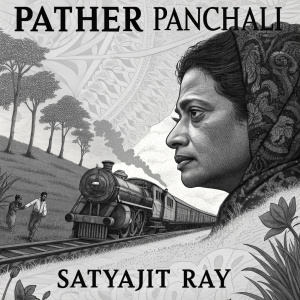 Vintage movie poster for 'Pather Panchali' by Satyajit Ray. Black and white imagery featuring intricate design where faces blend into scenes of a train and rural landscapes. High contrast and detailed textures highlight both close-up and distant elements in a dynamic composition.