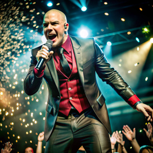 A confident artist, resembling Pitbull, in a sharp suit and red tie, dances and sings on a grand concert stage. The camera captures a dynamic shot from the front, with pyrotechnics and confetti enhancing the dramatic effect. A huge crowd is seen in the background, all raising their hands, creating an epic and unforgettable atmosphere. Similar style as Pitbull music videos.