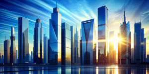 Skyscrapers of a smart city at sunset, futuristic financial district, graphic perspective of buildings and reflections - Architectural blue background for corporate and business brochure template