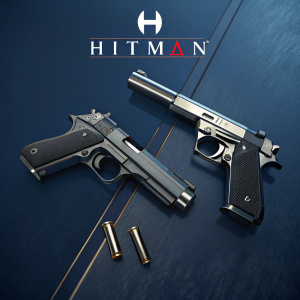 Professional advertisement for hitman video game. Dark blue background. Hitman logo prominently displayed. Two high-tech pistols in center.