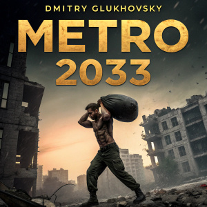Book cover for 'Metro 2033' by Dmitry Glukhovsky. Dark, gritty aesthetic with a muscular man straining to lift a heavy sack amidst rubble. Title 'Metro 2033' at the top in bold letters.