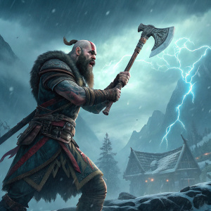 Kratos, the protagonist, wielding a massive axe in a dynamic pose. Set against the backdrop of Norse mythology. Promotional poster for God of War: Ragnarok.