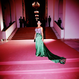 Salma Hayek, dressed in a striking emerald green gown with elaborate beading and long train, poses confidently at the UNICEF Gala event.