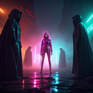 Central figure in Lady Gaga's Chromatica album cover, surrounded by eerie and neon-lit characters. Dark and luminous contrasts. Digital art.