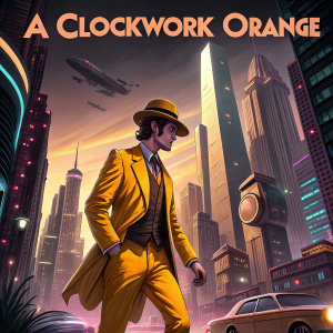 Book cover design for 'A Clockwork Orange'. Character in yellow suit, bowler hat, standing in futuristic dystopian cityscape.
