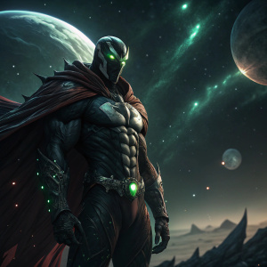 Illustration of Spawn, muscular, dark body, glowing green eyes. Sci-fi space backdrop.