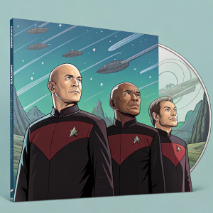Jerry Goldsmith's Star Trek Nemesis CD cover showcasing a lineup of Starfleet officers in a futuristic landscape.
