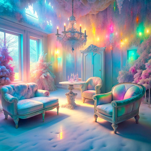 pastel iridescence  romantic  real furniture close Bioluminescent   Holographic glossy  made of  glass magic room flowers print in ice cube room made of glass  heavy snowy room  colorful furniture frozen  ultra iridescence   intense frozen heavy snowy ultra sagging room colorful furniture frozen in ice molds 
 masterpiece  dreamland PRISM Effect antique furnitures a lot of snows  ultra intense crystal effect ultra glitter Photoshop Photo Manipulation