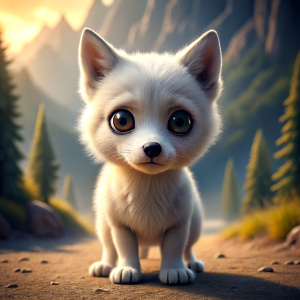 little WHITE WOLF, big very sad eyes, super cute, realistic textured body, ((high quality)), 64k, UHD, HDR, masterpiece, chibi pixar style, full body, Full Color, landscape background, (cover: 1.5)
