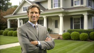 Confident American man real estate agent stands proudly outside a modern home, radiating expertise and approachability, ready to assist potential house buyers