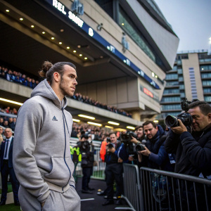 Gareth Bale, dressed in a casual grey hoodie, standing outside a packed stadium. He is surrounded by fans and media.
