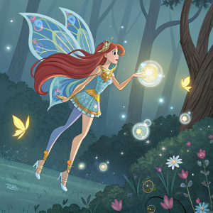 A Winx Club character with long, red hair and fairy wings. Wearing a shimmering blue and gold outfit. Flying through a magical forest, surrounded by glowing fairies and floating magical orbs.
