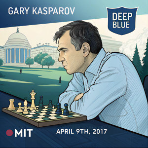 Poster for Gary Kasparov's lecture at MIT. The iconic moment of his chess match against IBM's Deep Blue depicted. Event on April 9th, 2017