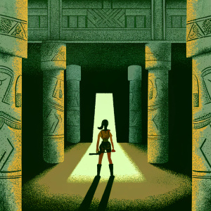 Digital art rendering of Tomb Raider featuring Lara Croft navigating through a complex, ancient temple with intricate stone carvings.